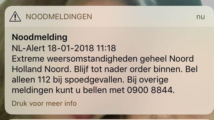 NL Alert geeft waarschuwing om niet naar buiten te gaan