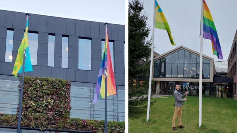 Regenboog- en mensenrechtenvlag bij gemeentehuizen Langedijk en Heerhugowaard